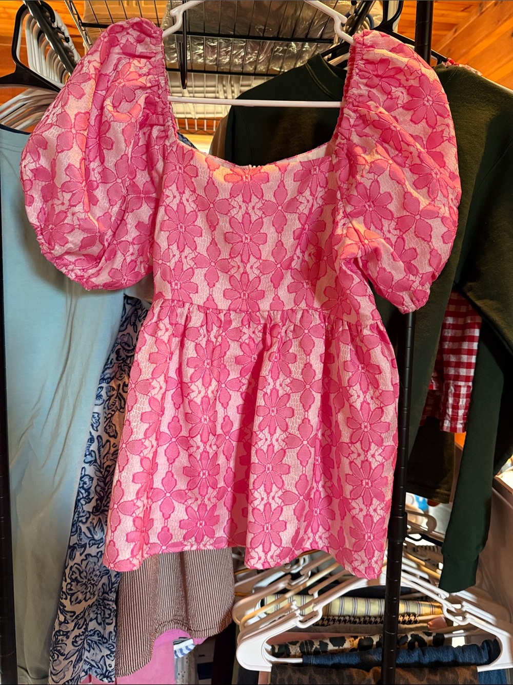 entro Pink Floral Puff-Sleeve Square-Neck Blouse